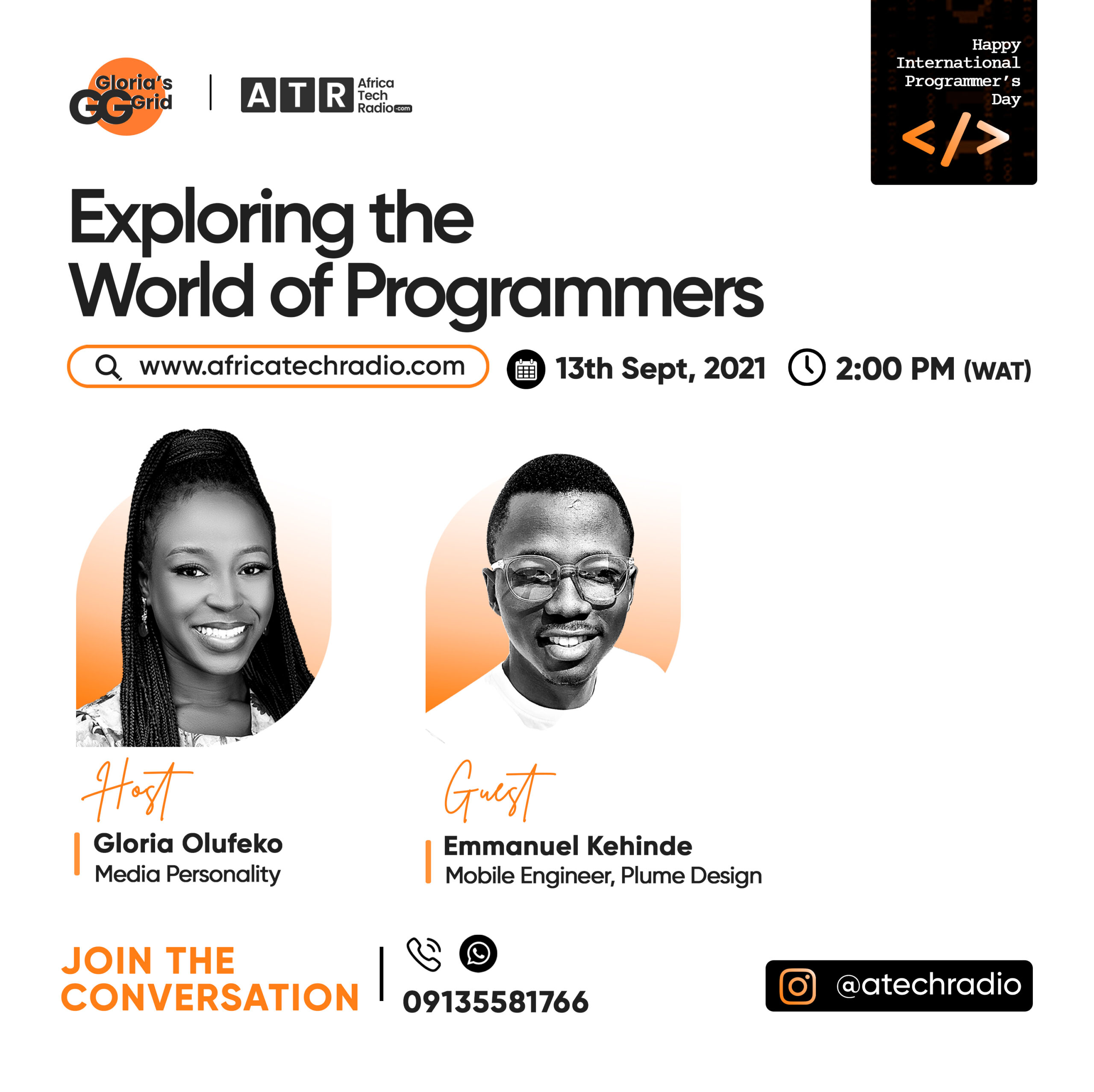 Exploring the World of Programmers, Africa Tech Radio event flyer with host Gloria Olufeko and guest Emmanuel Kehinde